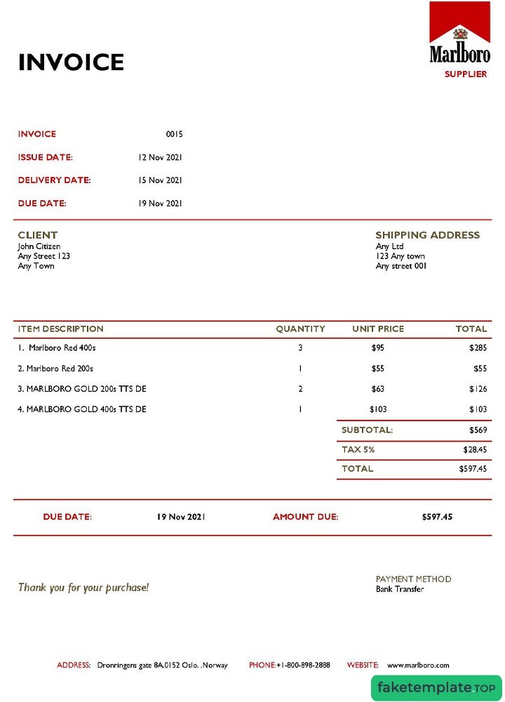 Feature of fake USA Marlboro invoice example